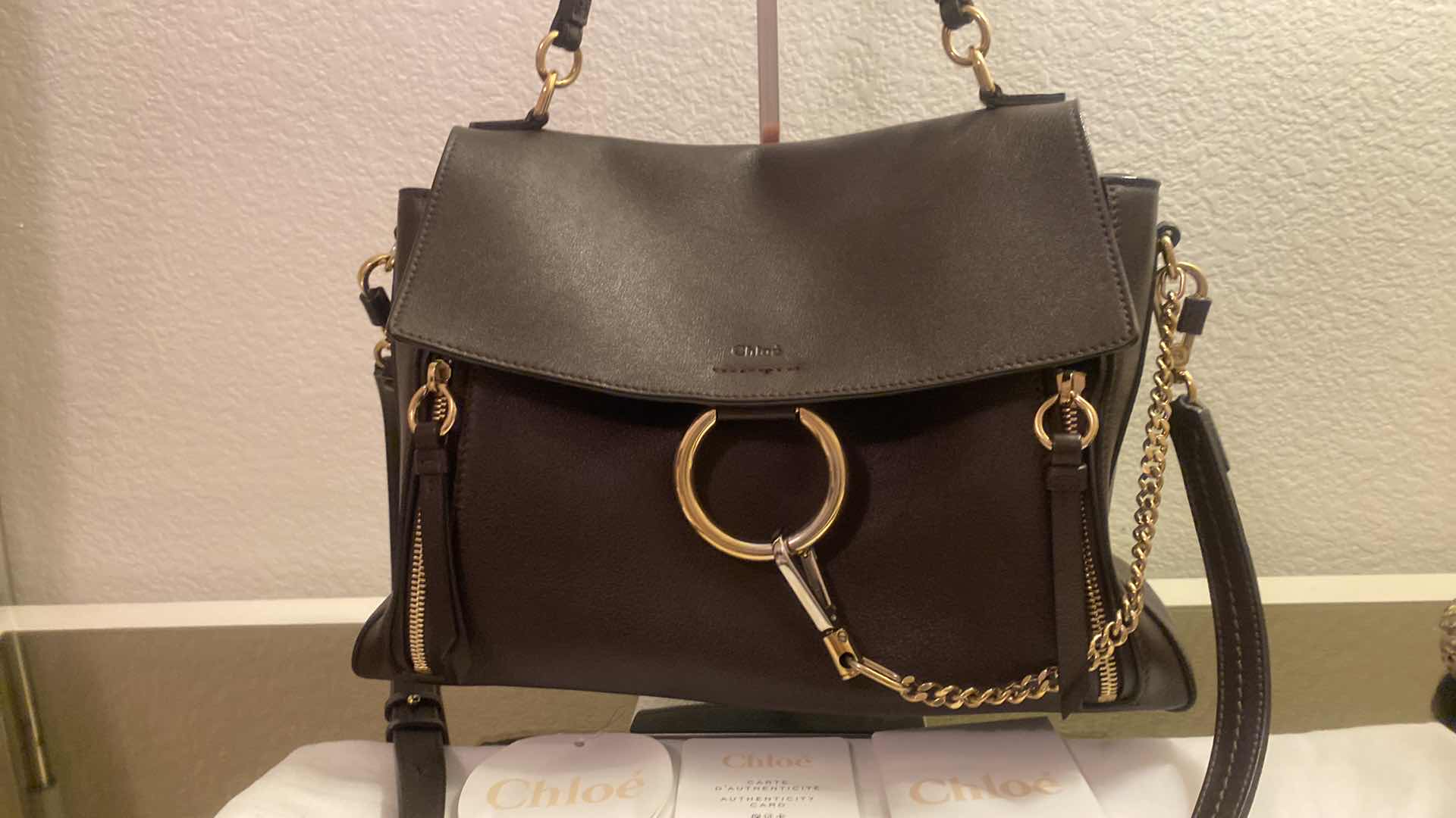 Photo 2 of AUTHENTIC GENTLY LOVED CHLOE MEDIUM FAYE DAY BAG  IN CARBON BROWN WITH TAG AND AUTHENTICATION PAPERWORK AND DUST BAG