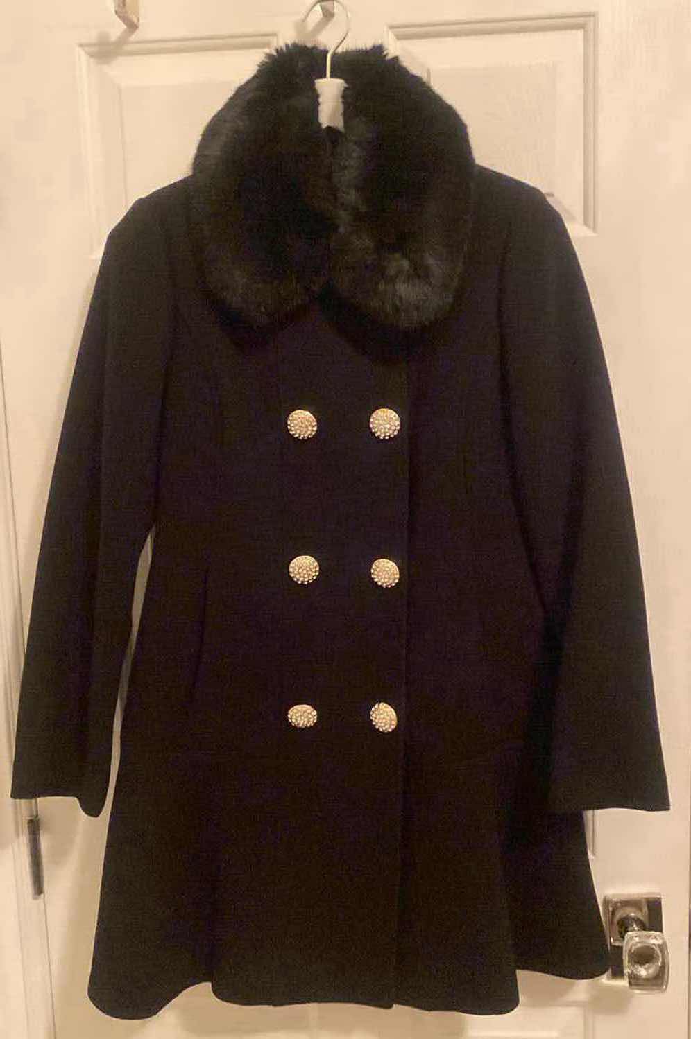 Photo 1 of GENTLY LOVED LADIES SIZE LARGE KATE SPADE NEW YORK DOUBLE BREASTED JEWELED BUTTON COAT WITH REMOVABLE FAUX FUR COLLAR