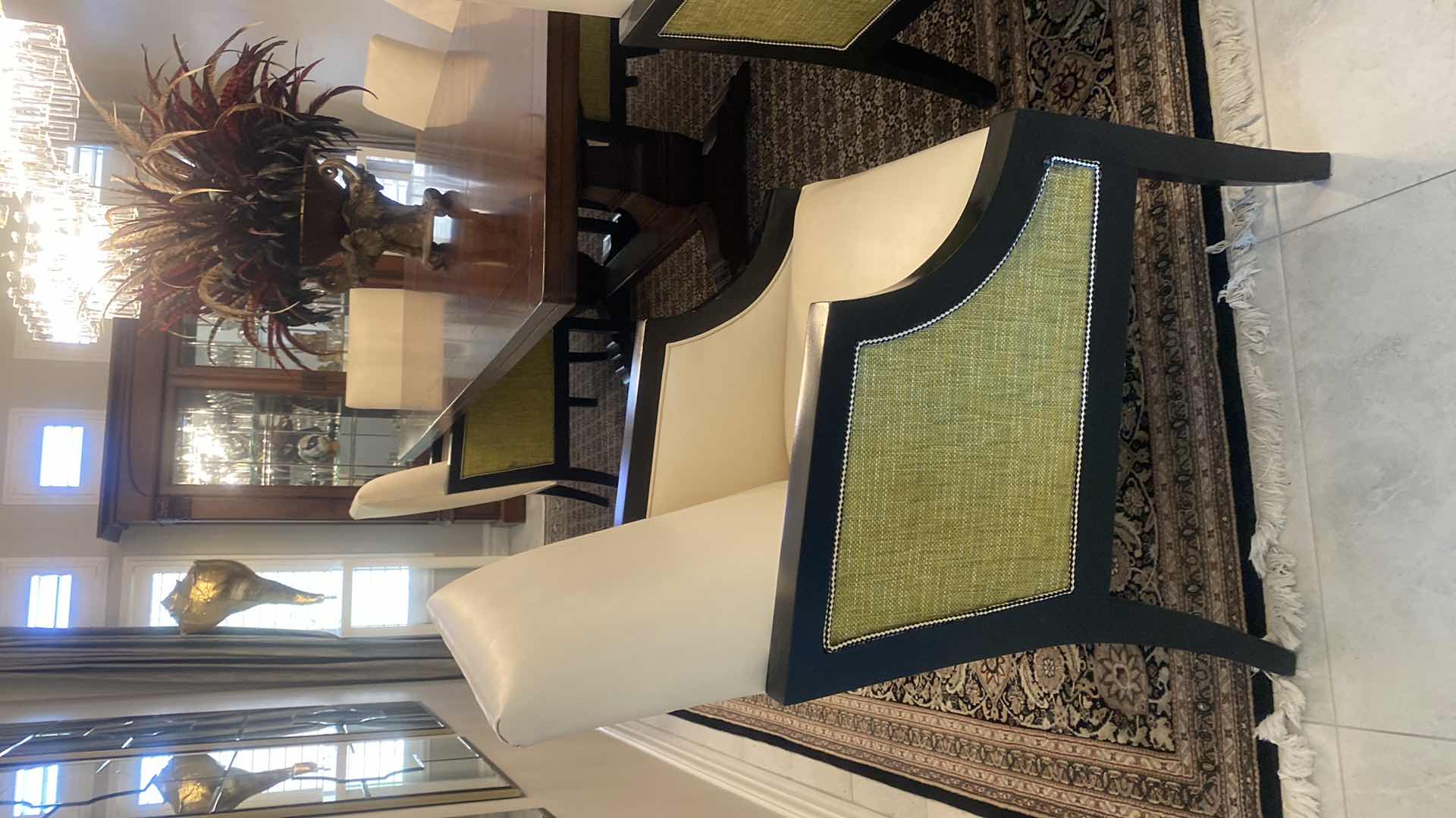 Photo 4 of PAIR OF BONDED CREAM LEATHER WITH GREEN FABRIC & HARLEQUIN TRIM DINING/OCCASIONAL CHAIRS FROM WYNN RESORT SUITES 24 1/2” x 24 1/2” H 38 1/2”