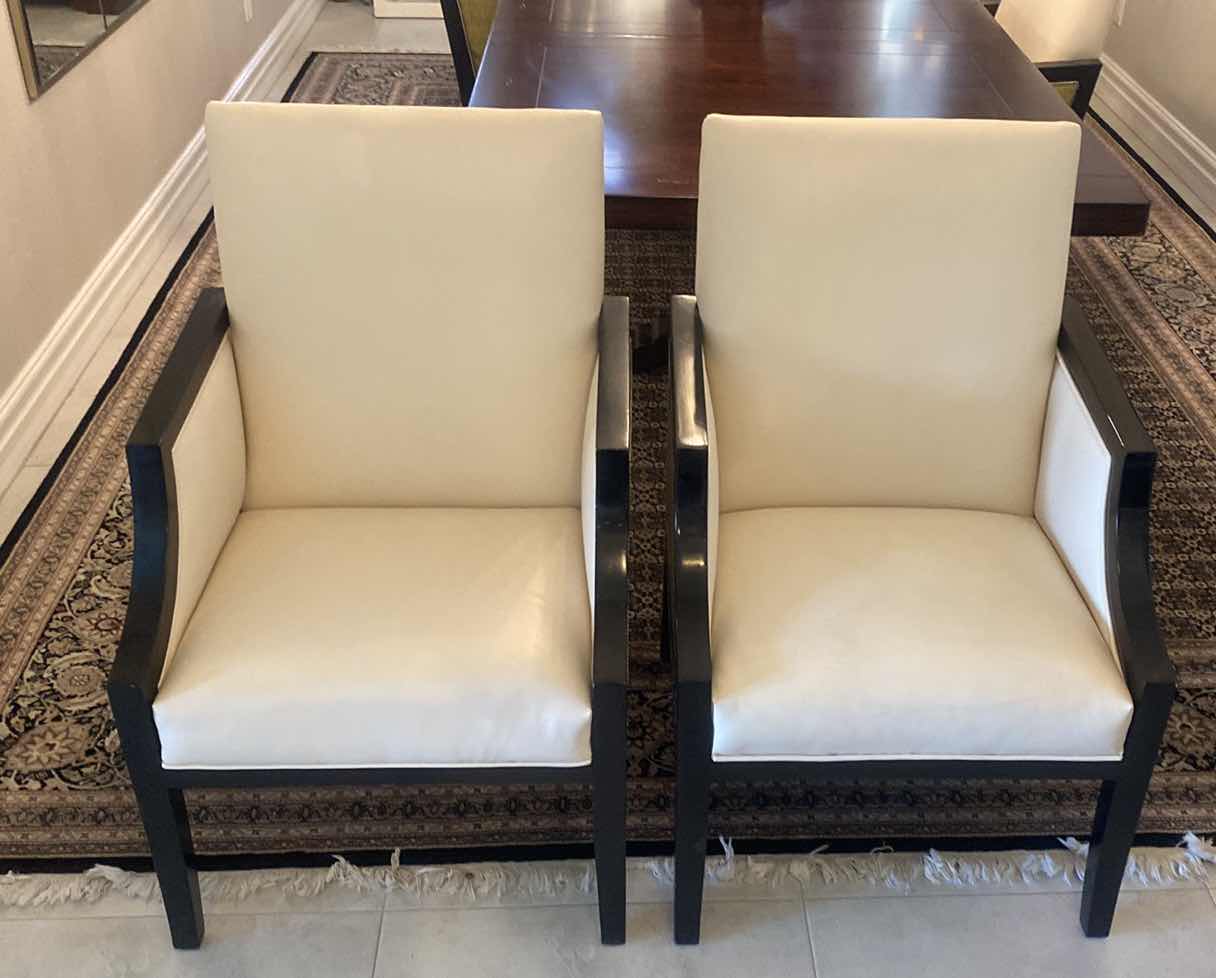 Photo 1 of PAIR OF BONDED CREAM LEATHER WITH GREEN FABRIC & HARLEQUIN TRIM DINING/OCCASIONAL CHAIRS FROM WYNN RESORT SUITES 24 1/2” x 24 1/2” H 38 1/2”