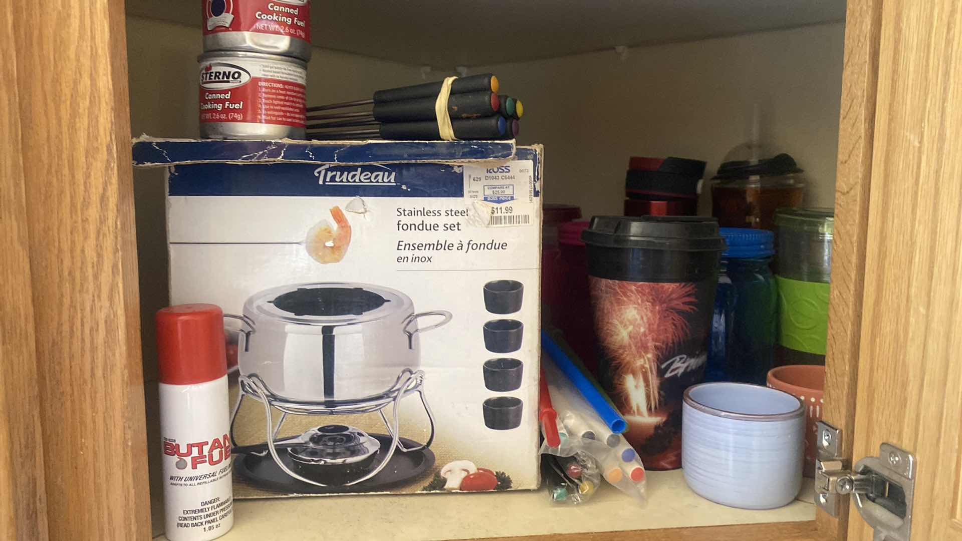 Photo 3 of CONTENTS OF KITCHEN CABINET - FONDUE, COFFEE CUPS & WATER BOTTLES