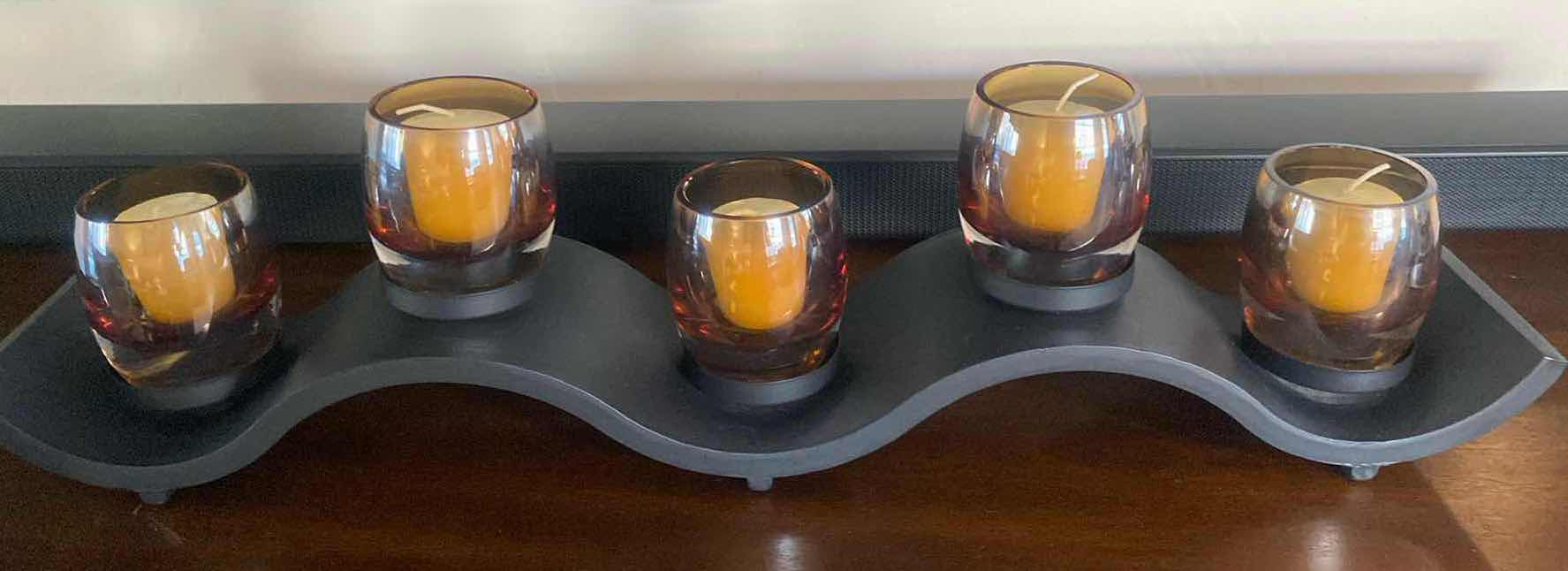 Photo 1 of BLACK METAL CANDLE HOLDER WITH 5 GLASS VOTIVE HOLDERS 24” x 6”