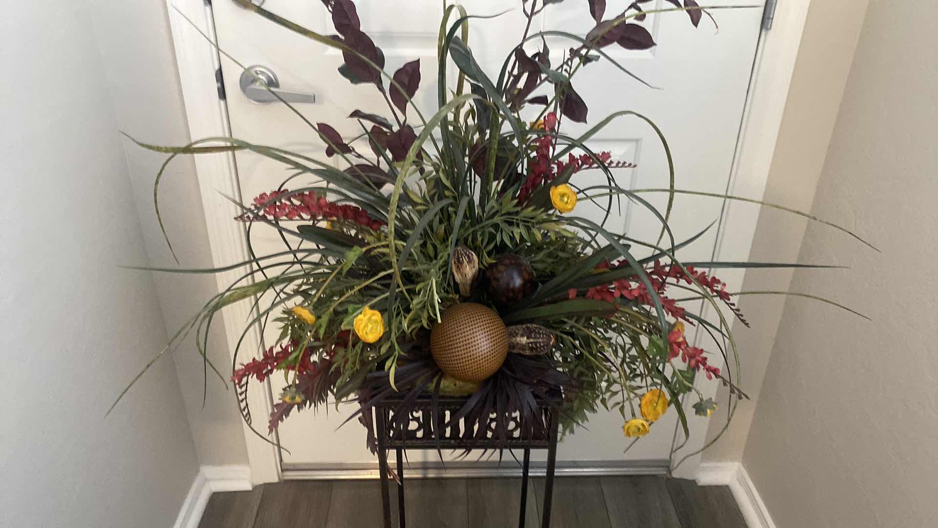 Photo 2 of 2-FAUX FALL FLORAL ARRANGEMENTS WITH METAL PLANT STAND PLANT MEASURES 24” x 32”, STAND 9 1/2” x 9 1/2” H26"