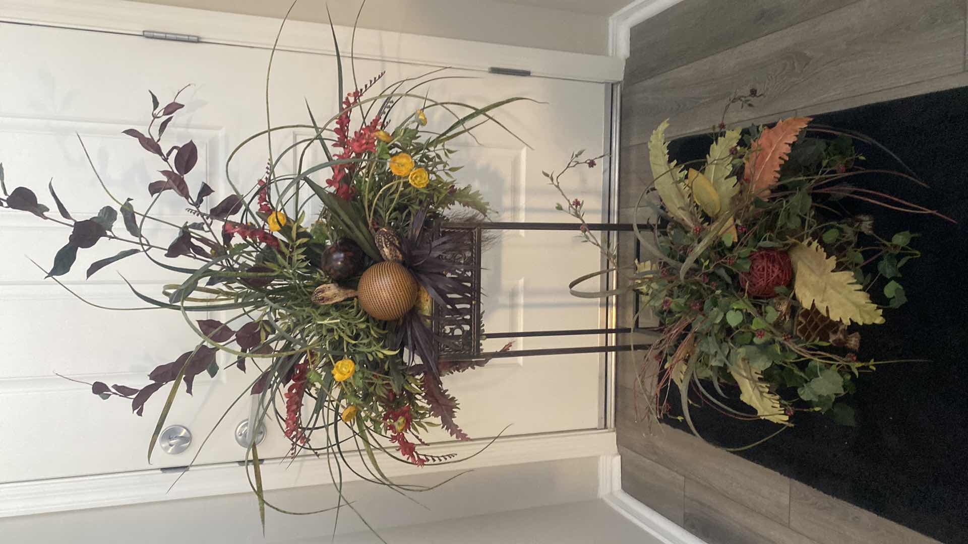 Photo 1 of 2-FAUX FALL FLORAL ARRANGEMENTS WITH METAL PLANT STAND PLANT MEASURES 24” x 32”, STAND 9 1/2” x 9 1/2” H26"