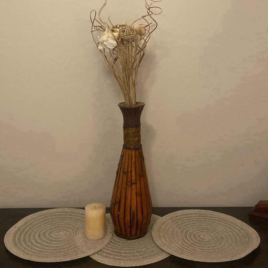 Photo 1 of BAMBOO VASE H18” WITH DRIED FLIRAL, 3 PLACEMATS & CANDLE