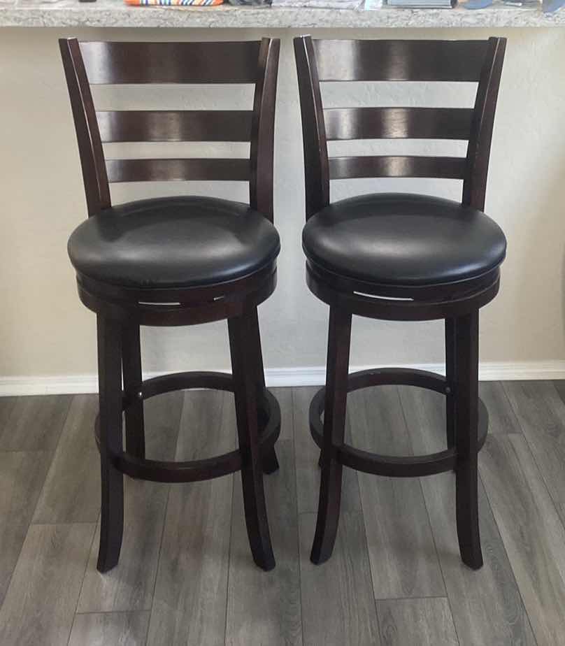 Photo 1 of 2-DARK WOOD SWIVEL BAR STOOLS WITH BLSCK SEATS, SEAT H30” OVERALL H42”