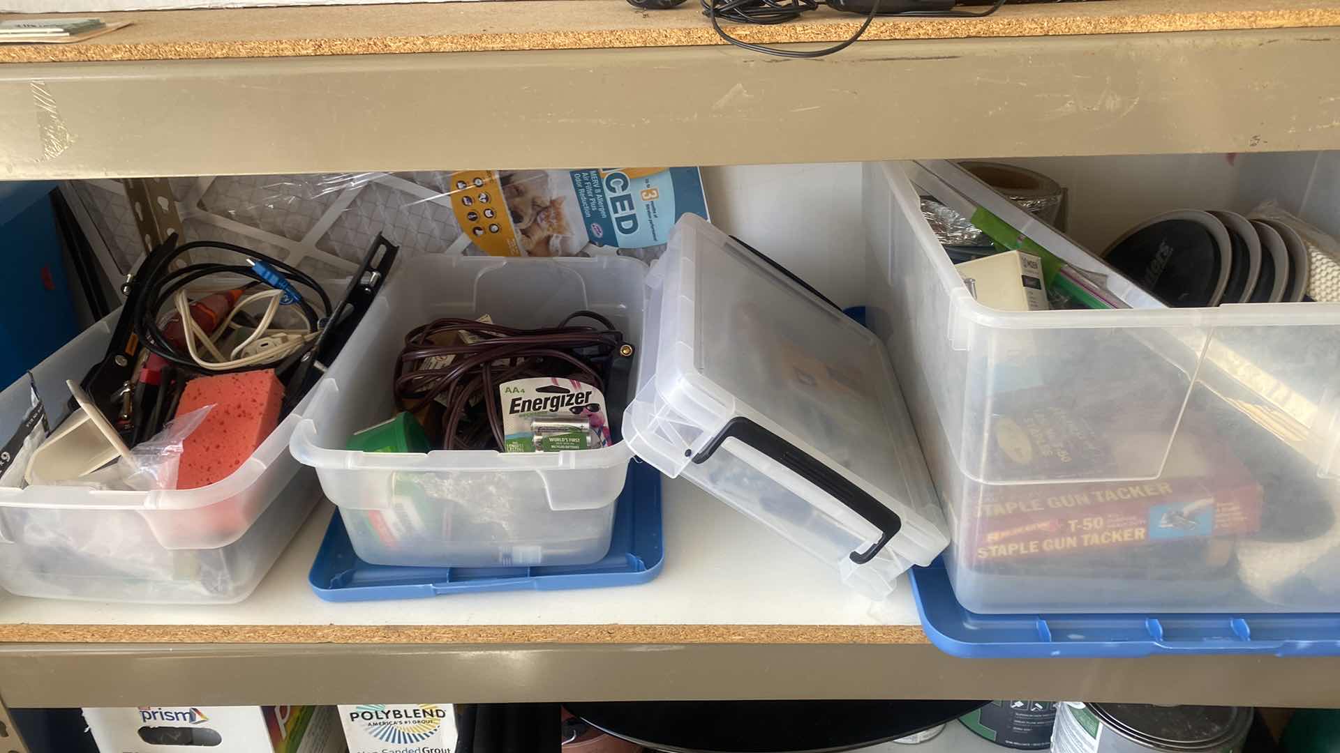 Photo 1 of SHELF IN GARAGE - ELECTRICAL FASTENERS STAPLER & MORE