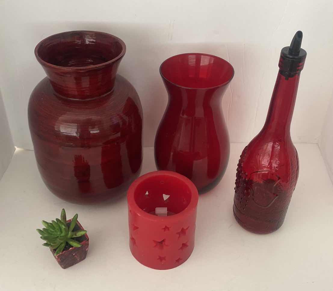 Photo 1 of 5-RED VASES, OIL BOTTLE, FAUX CACTUS & CANDLE TALLEST H 11”