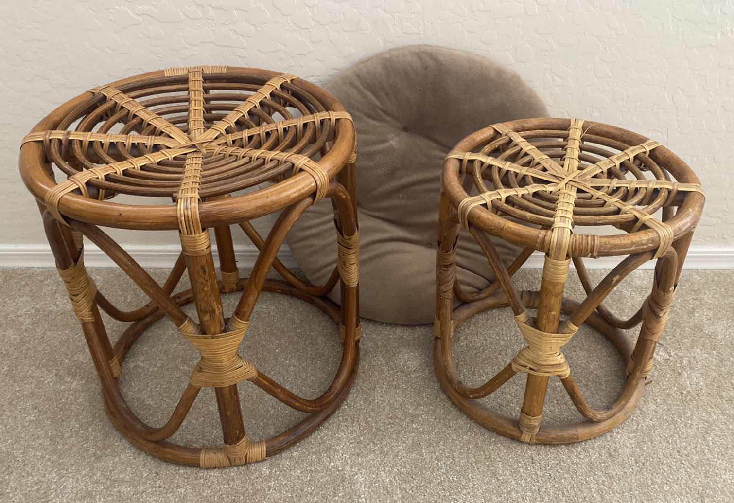 Photo 1 of PAIR OF WOOD TABLES/STOOLS WITH REED DETAILS. LARGEST 14 1/2” x 16”