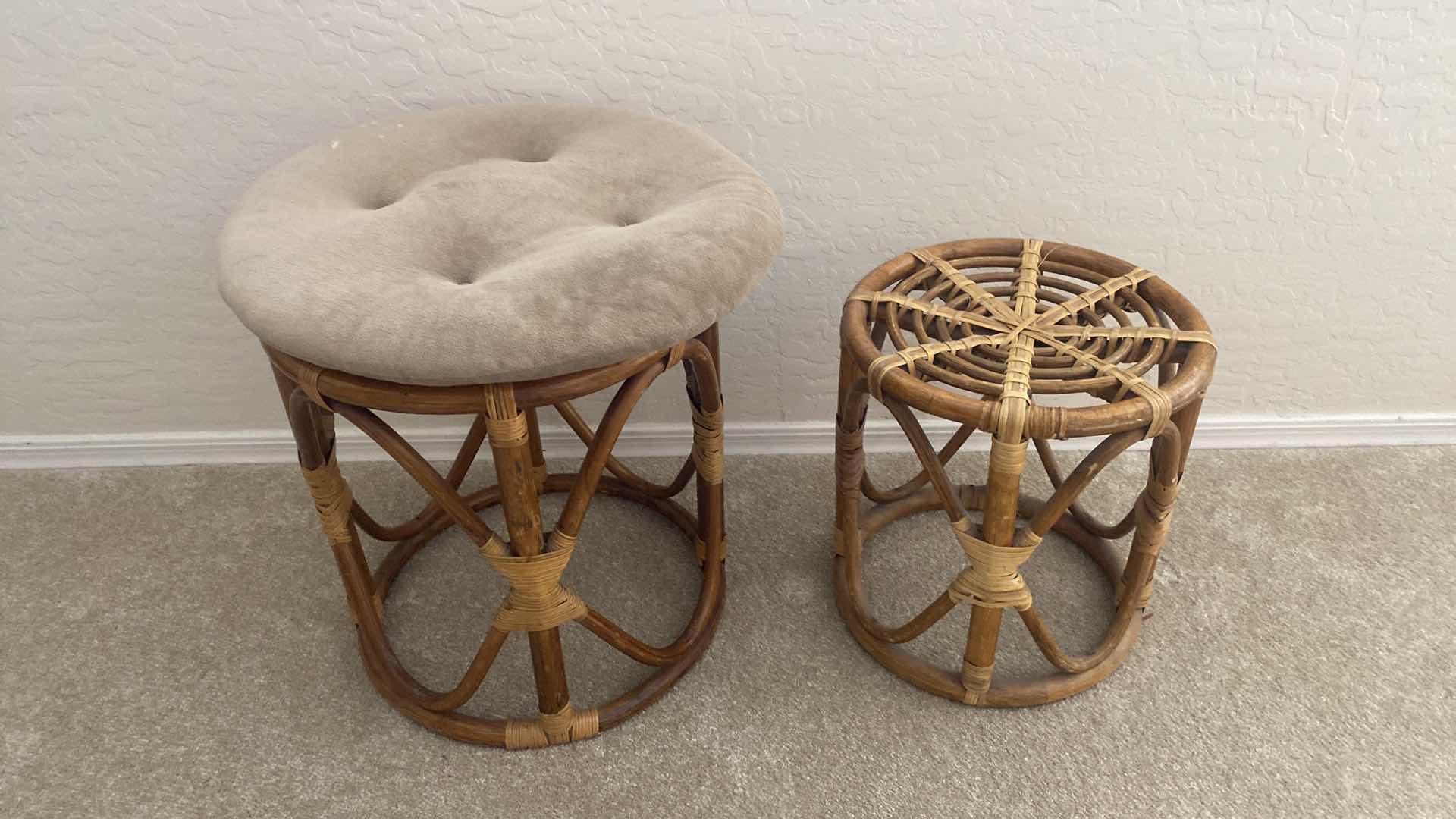 Photo 2 of PAIR OF WOOD TABLES/STOOLS WITH REED DETAILS. LARGEST 14 1/2” x 16”