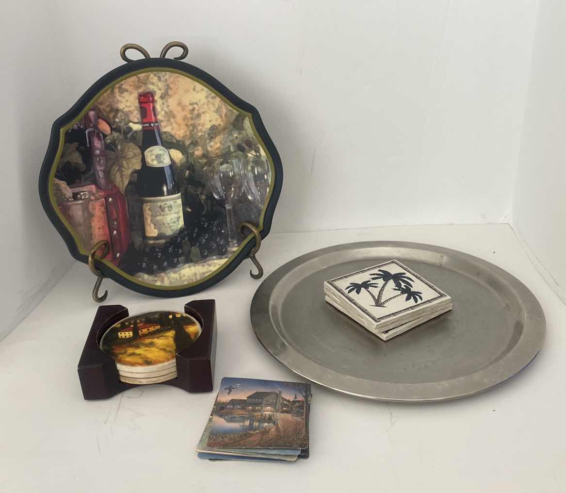 Photo 1 of WIDE-EYED DESIGNS RED WINE STONEWARE PLATE 11” WITH STAND, METAL TRAY & COASTERS