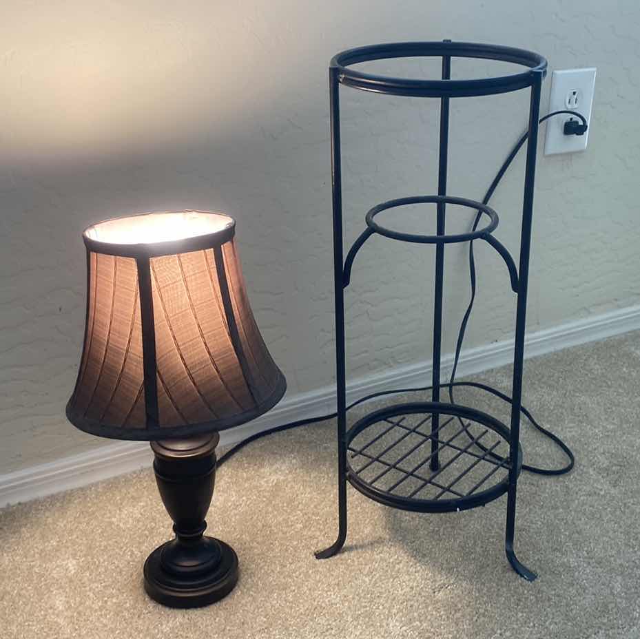 Photo 1 of DARK METAL DESK LAMP H 16 1/2” & PLANT STAND H 22”