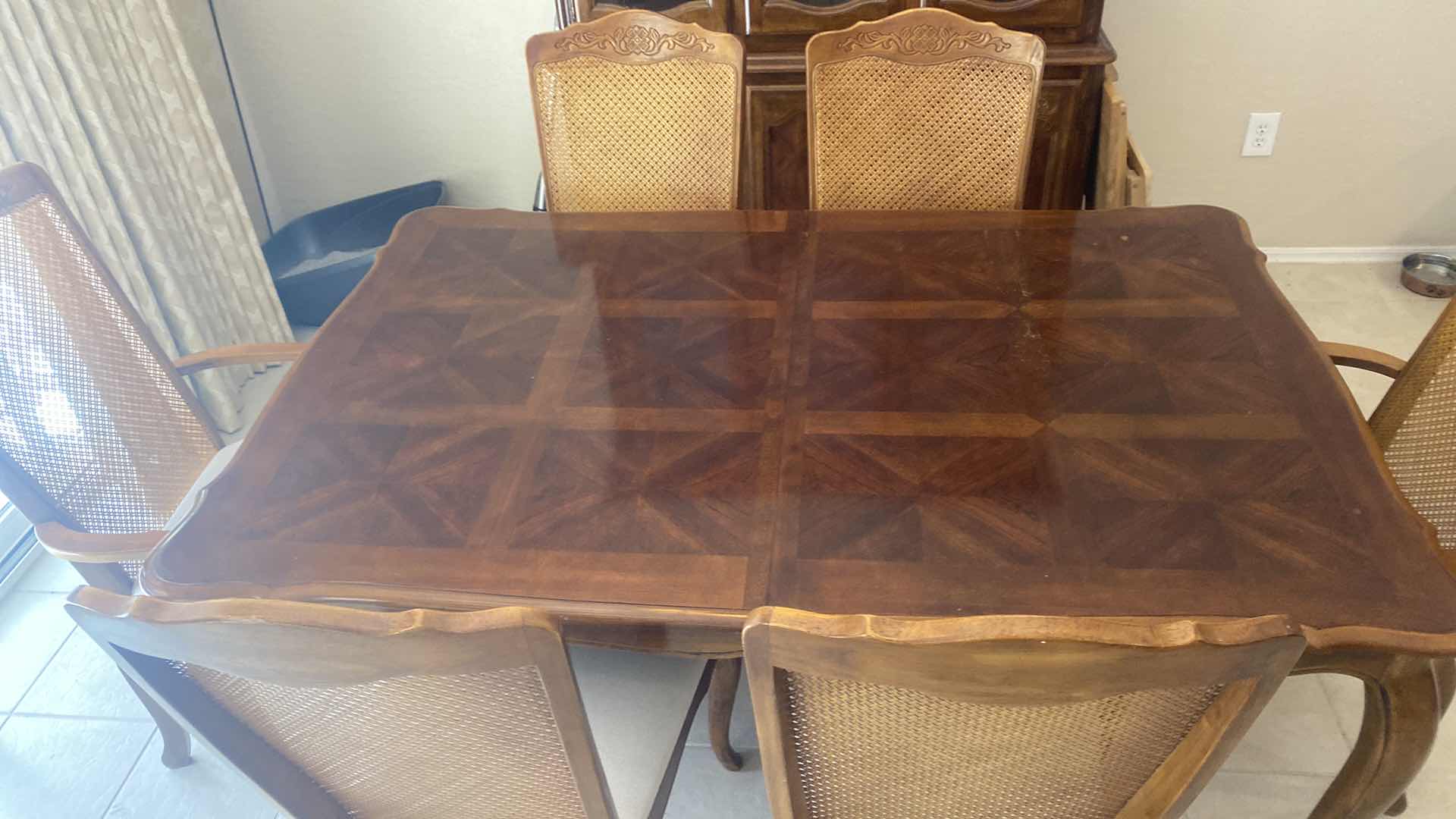 Photo 2 of WOOD TRADITIONAL DINING TABLE 59” x 39” H 30” + 2 12” LEAFS & 6 CANE BACK UPHOLSTERED CHAIRS MANUFACTURED IN TAIWAN (matching China hutch available sold separately)