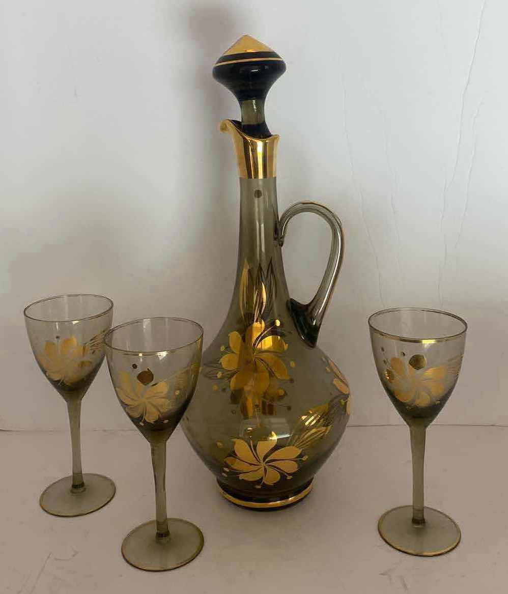 Photo 1 of GLASS DECANTER WITH GOLD FLORAL DESIGN AND TRIM WITH 3 GLASSES