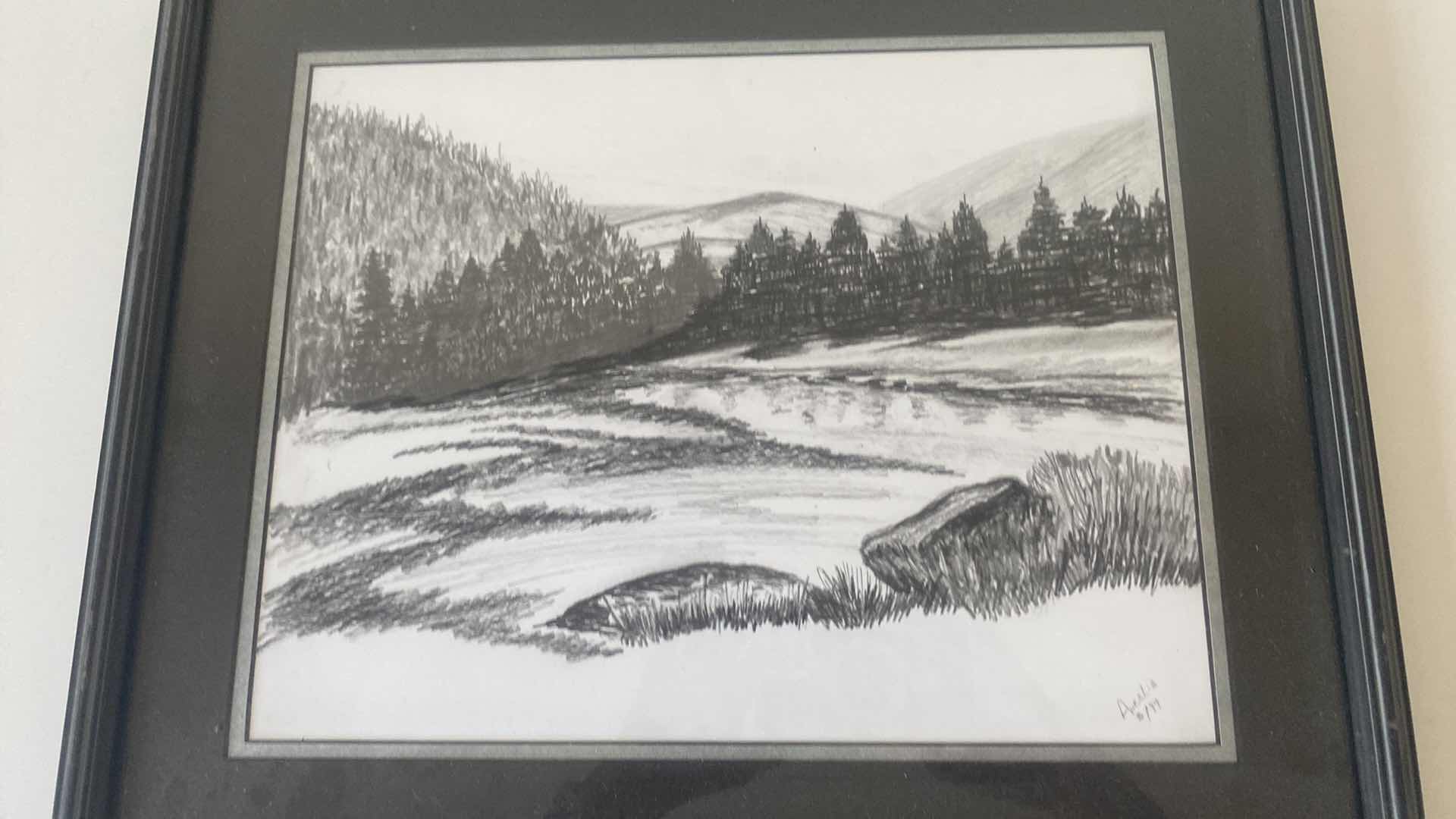 Photo 2 of FRAMED LANDSCAPE PENCIL/CHARCOAL ETCHING SIGNED ARTWORK 19” x 16”