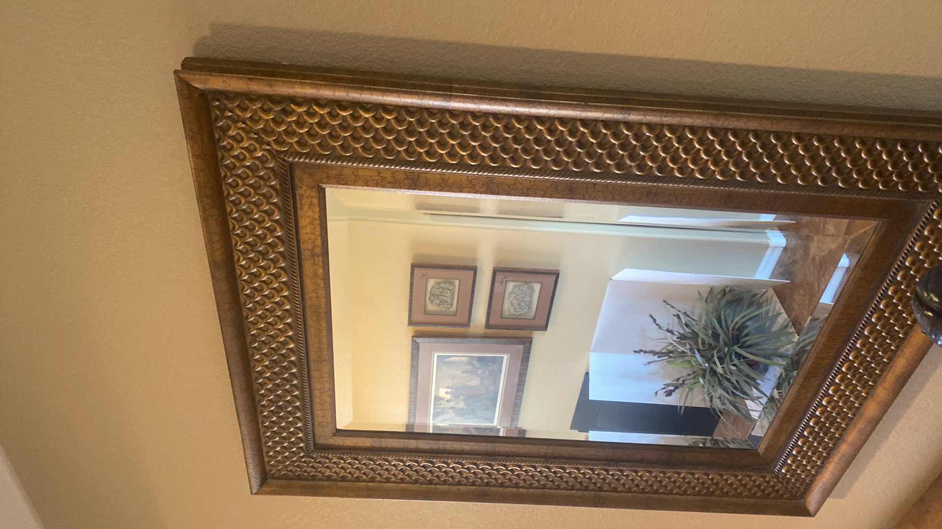 Photo 3 of ANTIQUED COPPER WOOD FRAMED BEVELED MIRROR 38” x 50”