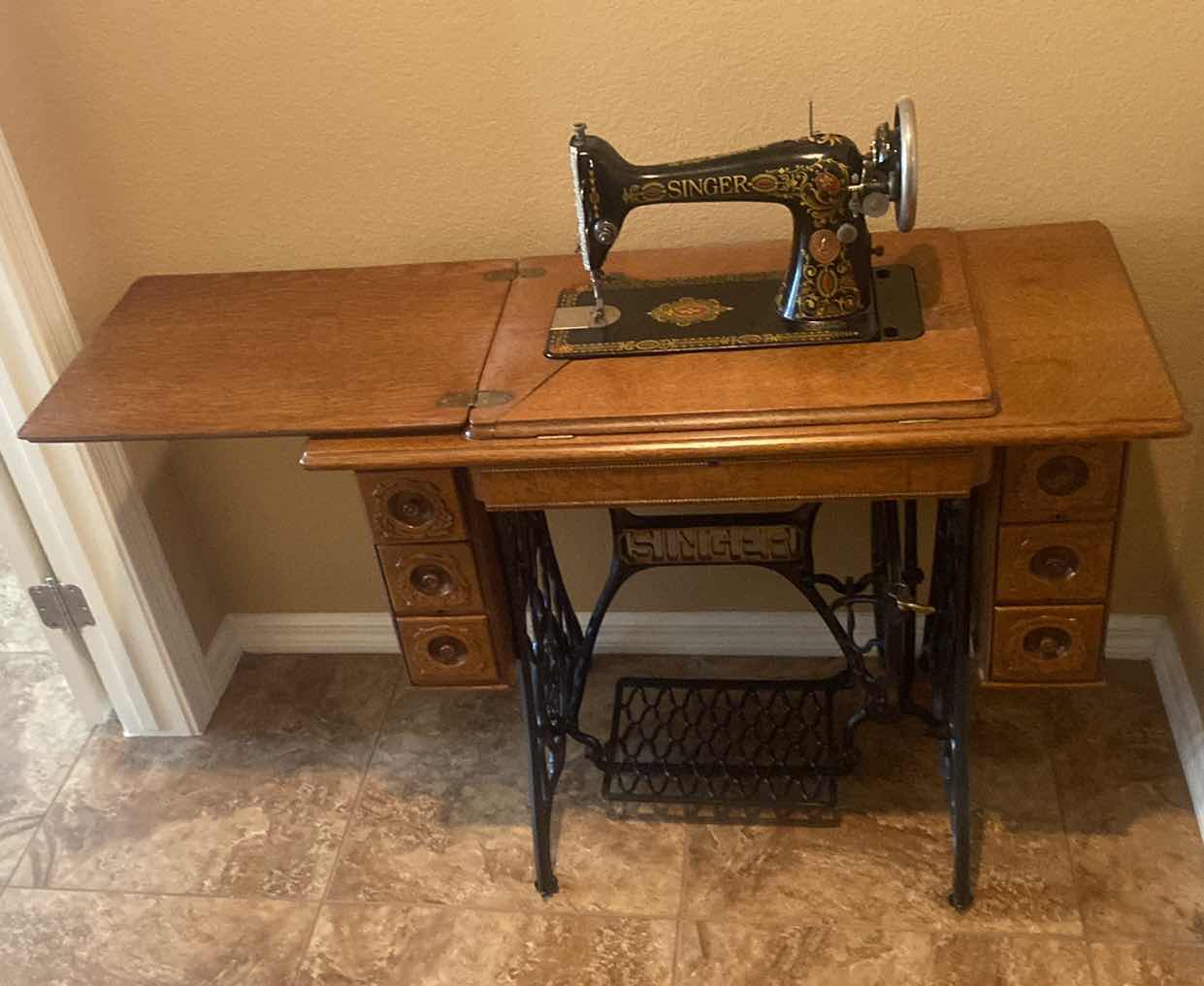 Photo 1 of ANTIQUE SINGER SEWING MACHINE IN WOOD CABINET CLOSED MEASURE 36” x 18” H 31”