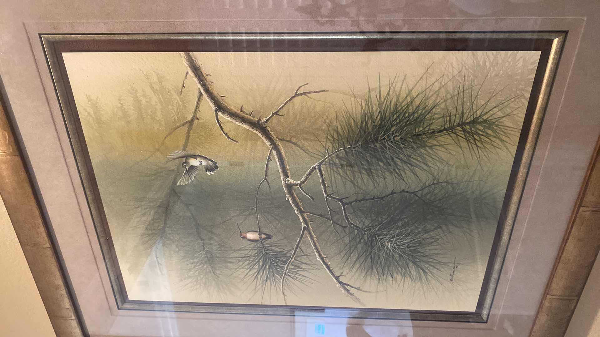 Photo 5 of GOLD BURNISHED FRAMED PINE WITH BIRDS M.S. FRANCO SIGNED ORIGINAL ON FRONT & BACK PAPER BOARD ARTWORK 28” x 34”