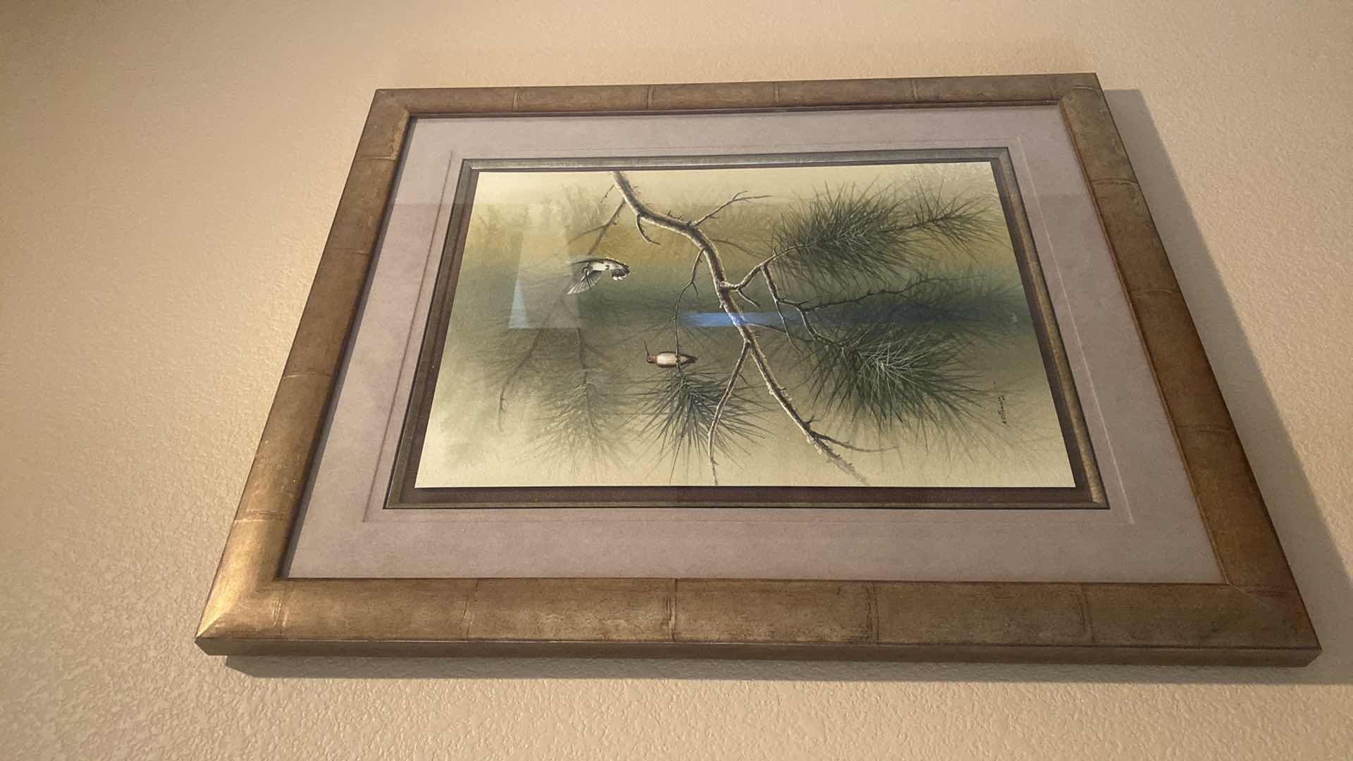 Photo 1 of GOLD BURNISHED FRAMED PINE WITH BIRDS M.S. FRANCO SIGNED ORIGINAL ON FRONT & BACK PAPER BOARD ARTWORK 28” x 34”