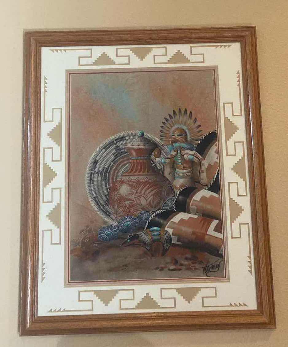 Photo 1 of  OAK FRAMED NAVAJO SAND PAINTING BY MICHAEL WATCHMAN SIGNED ARTWORK 28 1/2“ x 35“