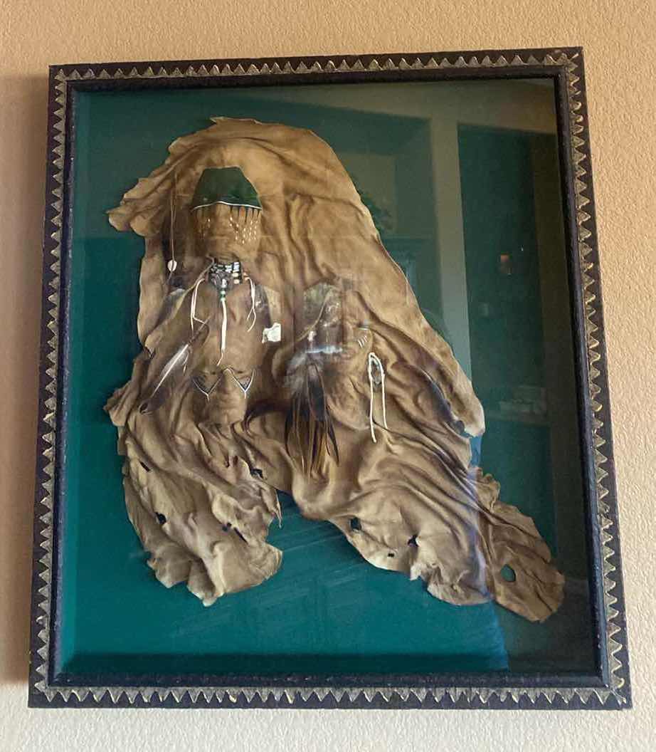 Photo 1 of FRAMED NATIVE AMERICAN 3 FACES LEATHER SCULPTURE ARTWORK 27 1/2” x 30 1/2”