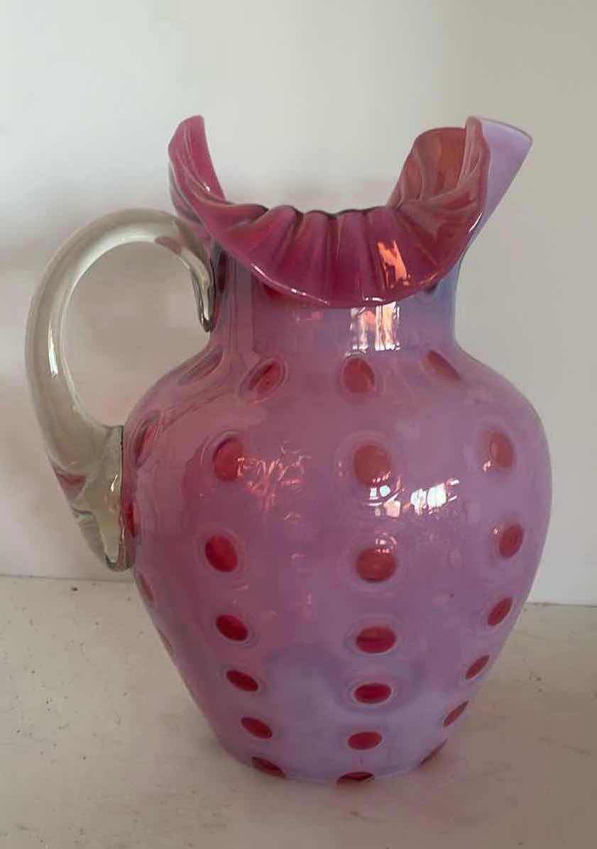 Photo 1 of HAND BLOWN CRANBERRY CARNIVAL GLASS PITCHER VASE  9.5” H