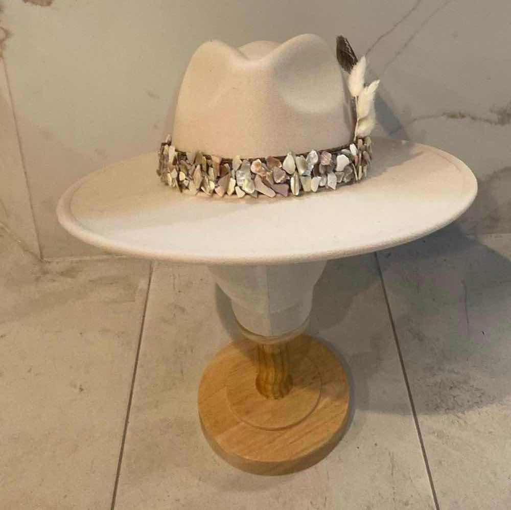 Photo 1 of NEW CUSTOM DESIGNED FEDORA WITH CRUSHED SEASHELL HATBAND -WOMENS WIDE BRIM HAT CREAM COLOR (ADJUSTABLE)