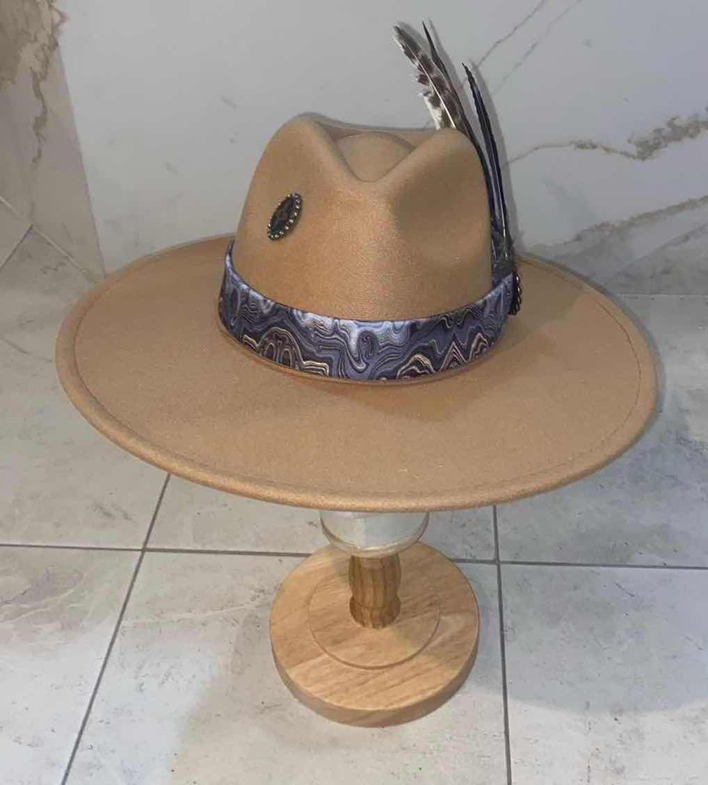 Photo 6 of  NEW CUSTOM DESIGNED FEDORA WITH LOUIS VUITTON MONOGRAM EMBELLISHMENTS HAT - WIDE BRIM TAN COLOR (ADJUSTABLE)