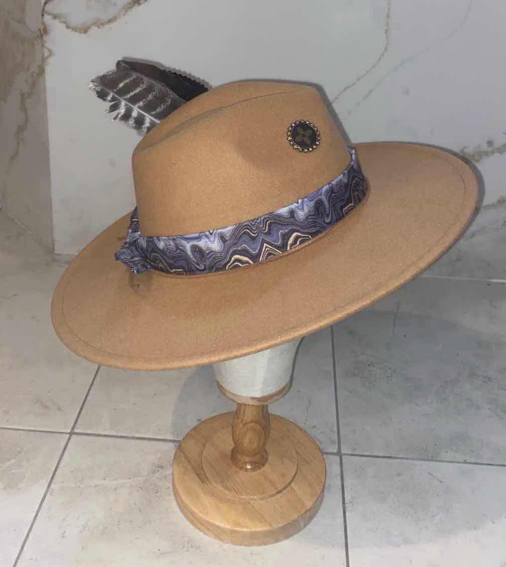 Photo 4 of  NEW CUSTOM DESIGNED FEDORA WITH LOUIS VUITTON MONOGRAM EMBELLISHMENTS HAT - WIDE BRIM TAN COLOR (ADJUSTABLE)