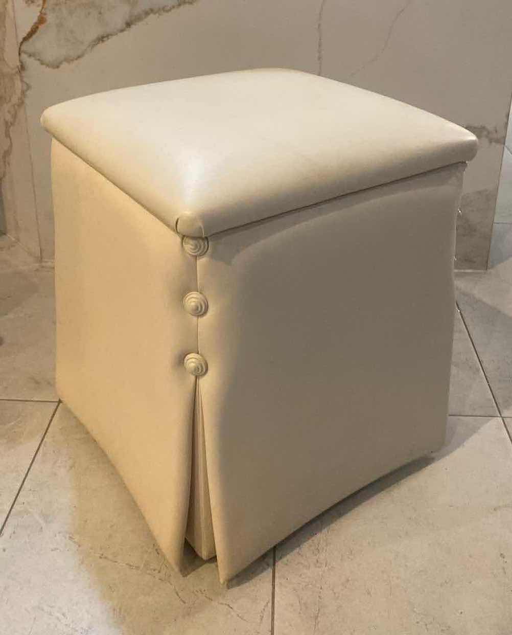 Photo 2 of SQUARE SKIRTED BONDED LEATHER OTTOMAN WITH CORNER EMBELLISHMENTS FROM WYNN RESORTS (2 AVAILABLE SOLD SEPARATELY) 15” x 15” H17”