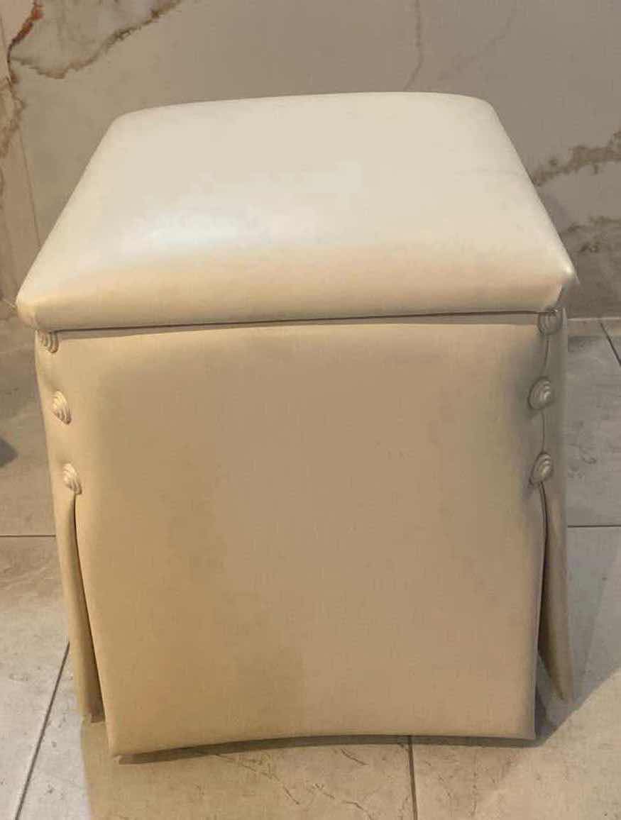 Photo 1 of SQUARE SKIRTED BONDED LEATHER OTTOMAN WITH CORNER EMBELLISHMENTS FROM WYNN RESORTS (2 AVAILABLE SOLD SEPARATELY) 15” x 15” H17”