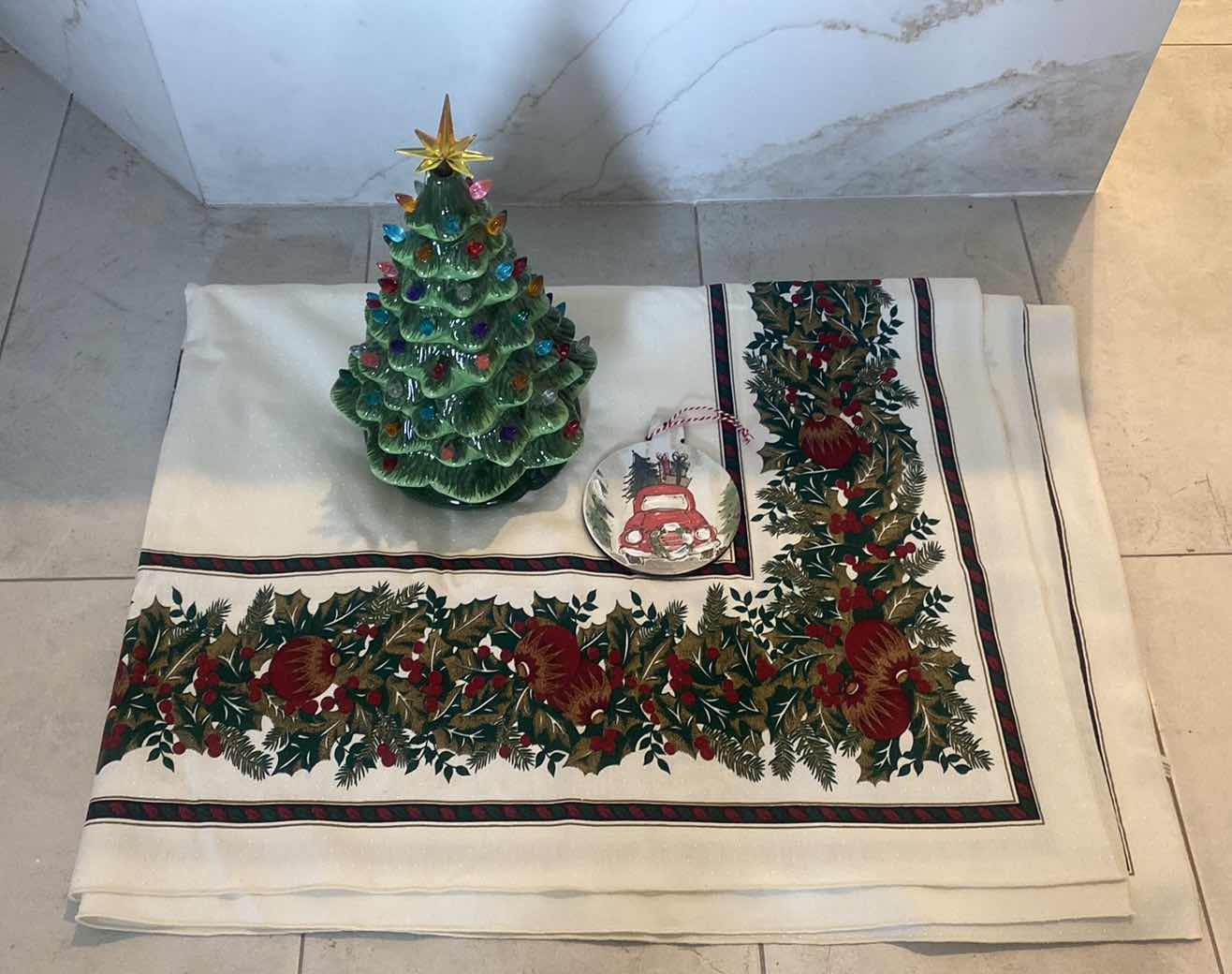 Photo 1 of CERAMIC TREE BATTERY OPERATED H14” & LENOX TABLECLOTH & 1 ORNAMENT