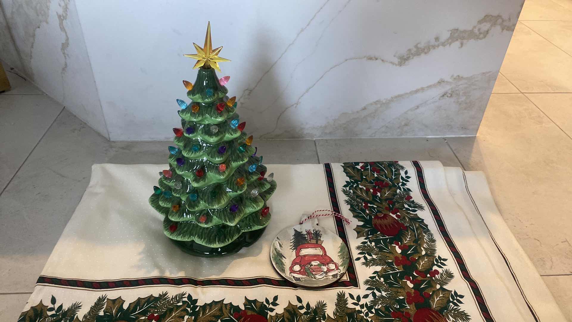 Photo 2 of CERAMIC TREE BATTERY OPERATED H14” & LENOX TABLECLOTH & 1 ORNAMENT