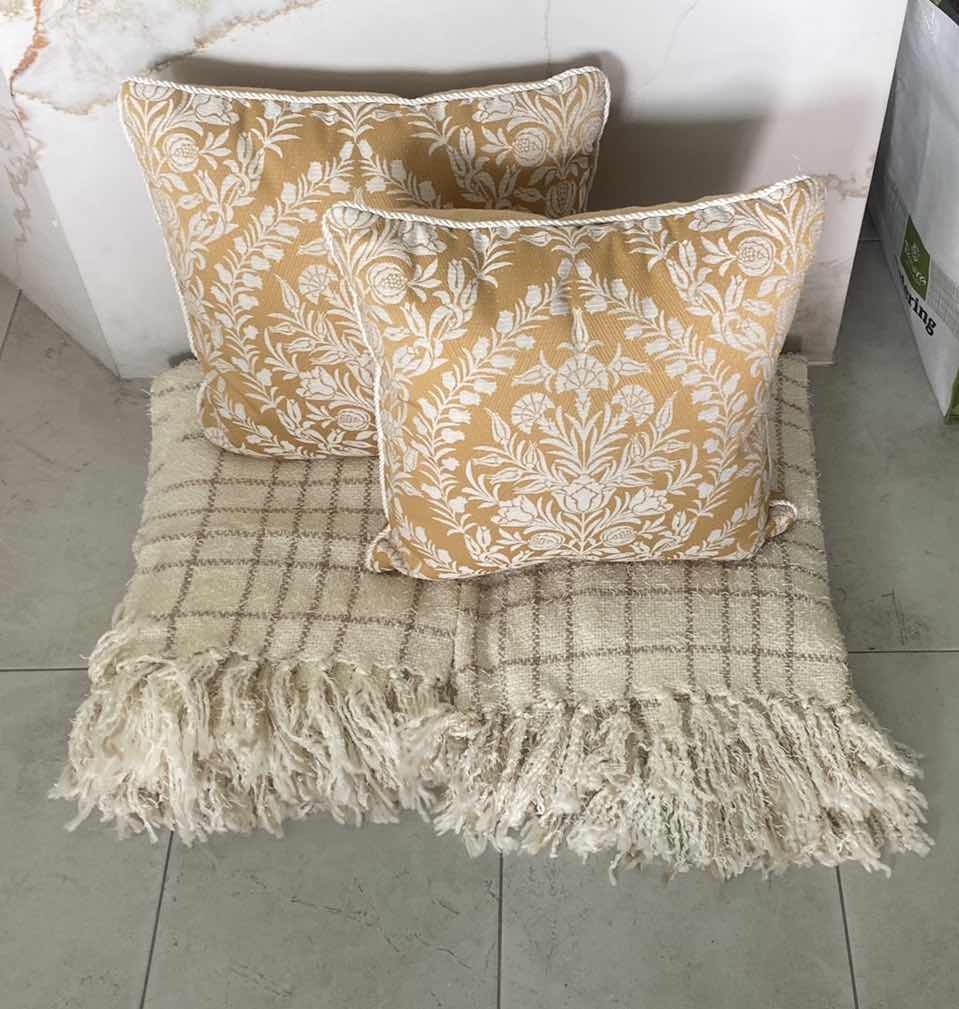 Photo 1 of 2 CREAM & TAN KNIT THROWS AND 2 GOLD & CREAM TOSS PILLOWS