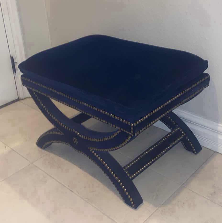 Photo 2 of ROYAL BLUE VELVET WITH ANTIQUE BRASS STUDS BENCH FROM FRONTGATE 8“ x 19 1/2“ H18”