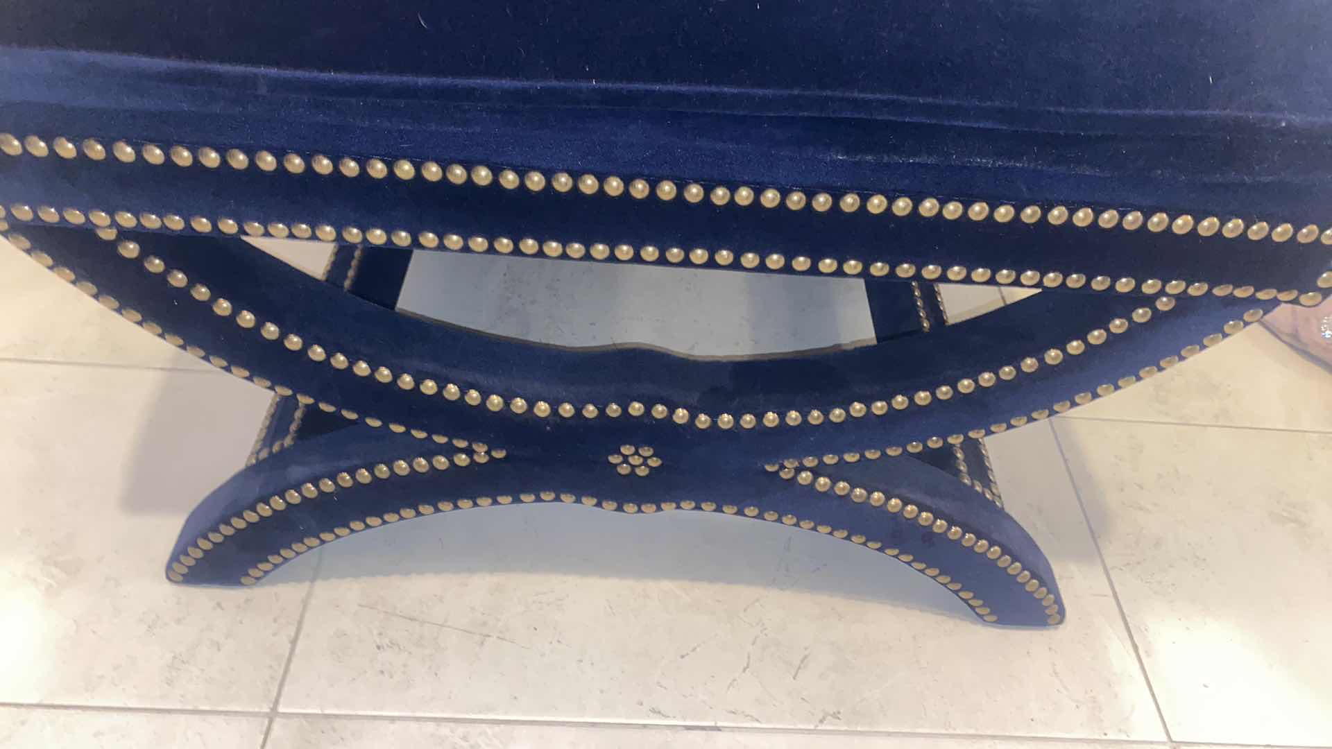 Photo 4 of ROYAL BLUE VELVET WITH ANTIQUE BRASS STUDS BENCH FROM FRONTGATE 8“ x 19 1/2“ H18”