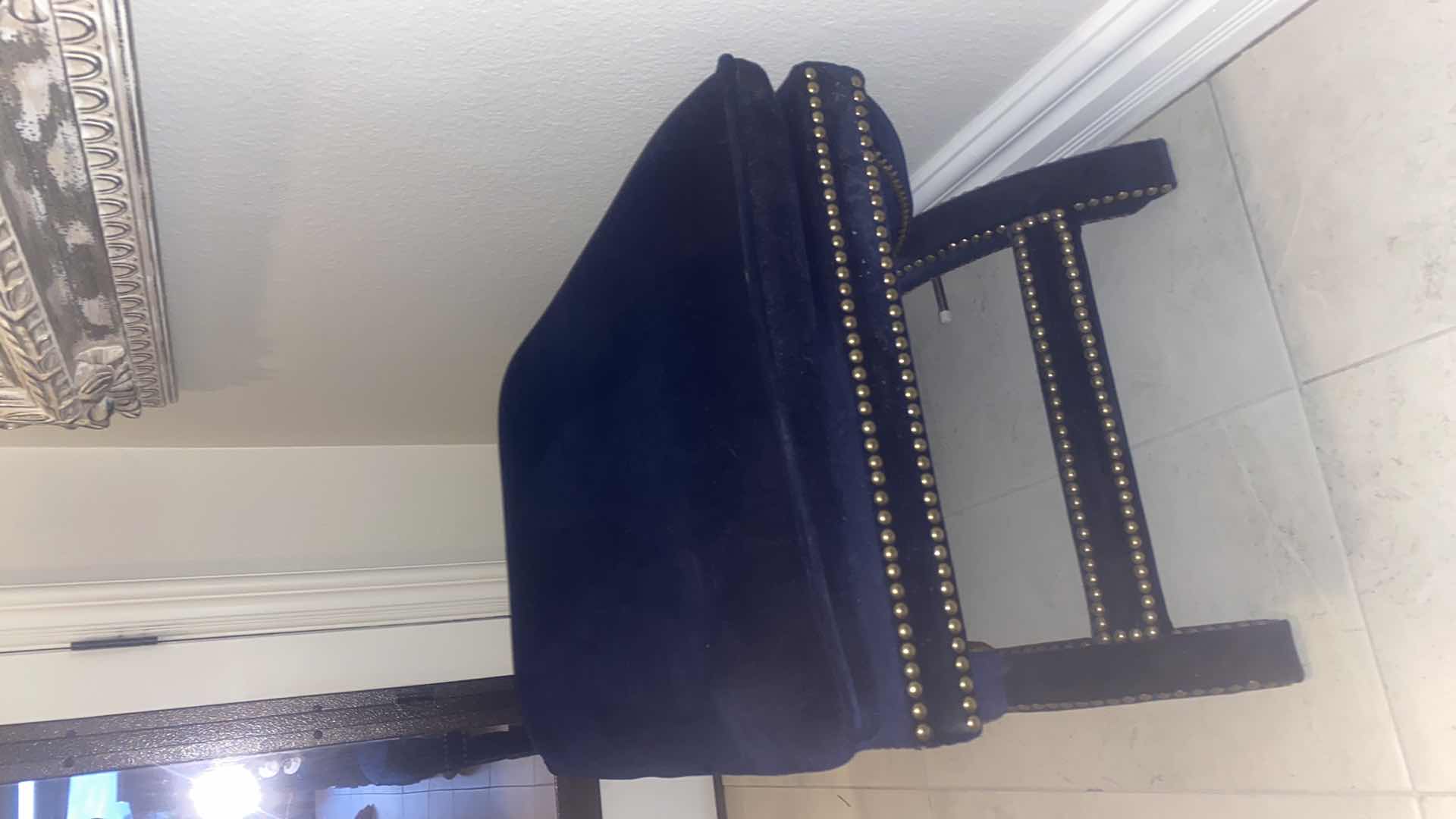 Photo 3 of ROYAL BLUE VELVET WITH ANTIQUE BRASS STUDS BENCH FROM FRONTGATE 8“ x 19 1/2“ H18”