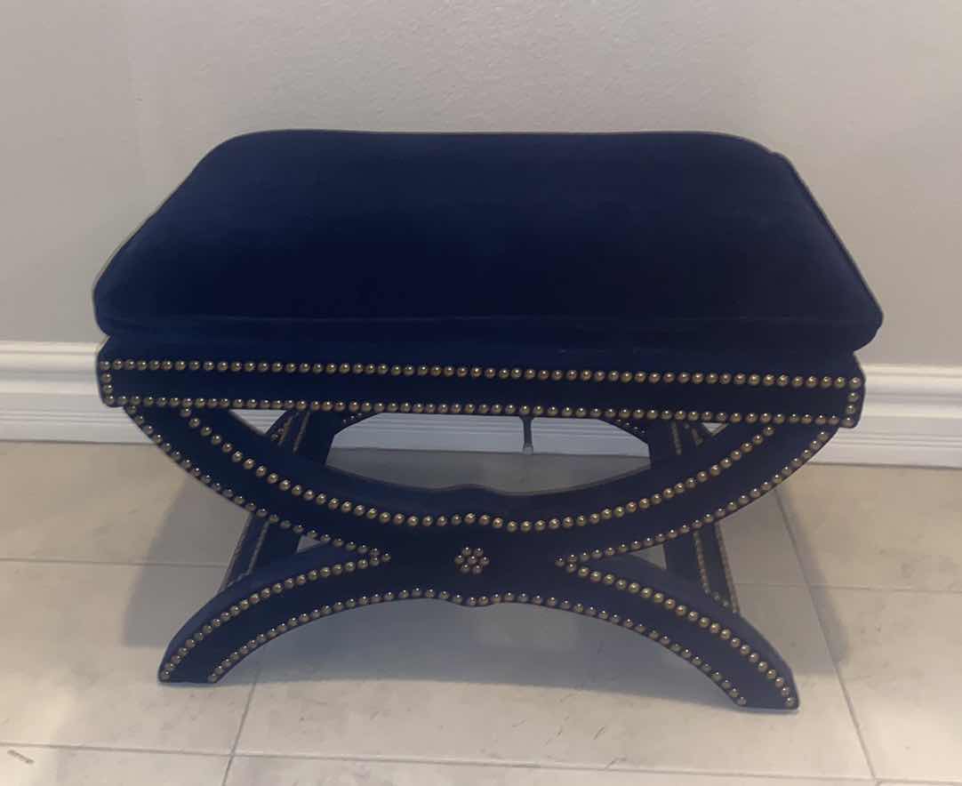 Photo 1 of ROYAL BLUE VELVET WITH ANTIQUE BRASS STUDS BENCH FROM FRONTGATE 8“ x 19 1/2“ H18”