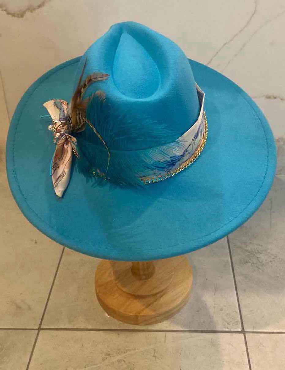 Photo 5 of NEW CUSTOM DESIGNED WOMENS SKY BLUE FELT LARGE BRIM FEDORA HAT (ADJUSTABLE)