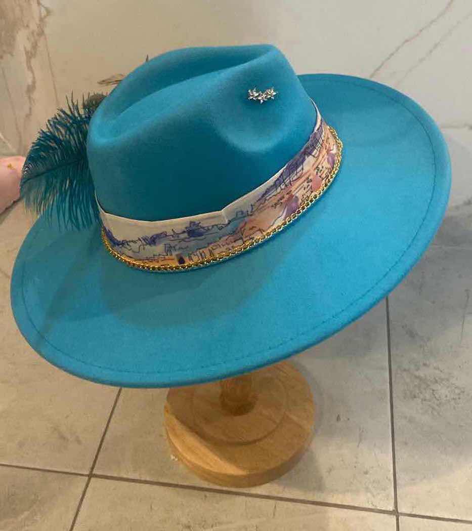 Photo 6 of NEW CUSTOM DESIGNED WOMENS SKY BLUE FELT LARGE BRIM FEDORA HAT (ADJUSTABLE)