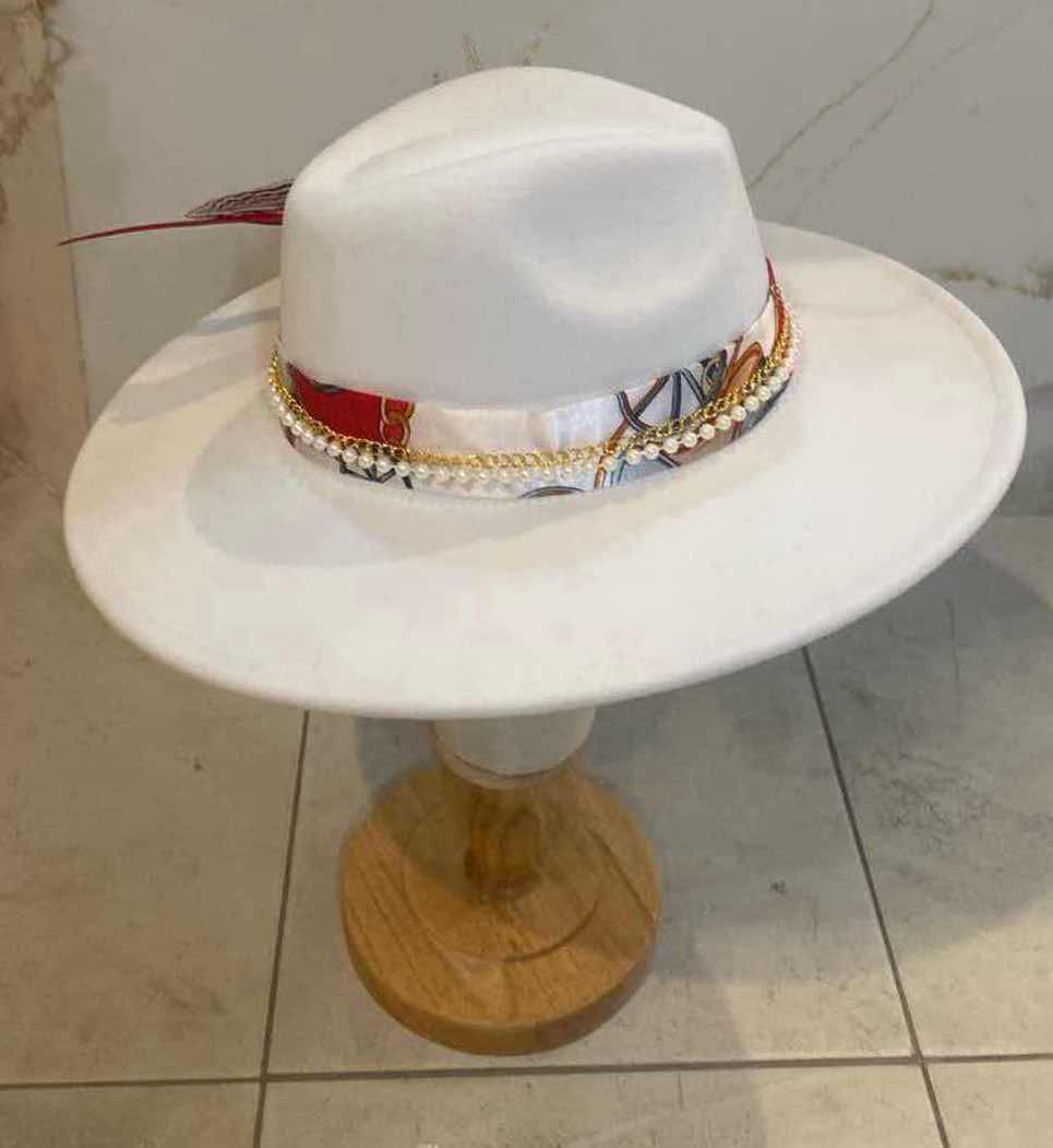 Photo 5 of NEW CUSTOM DESIGNED WOMENS WHITE FELT LARGE BRIM FEDORA HAT (ADJUSTABLE)