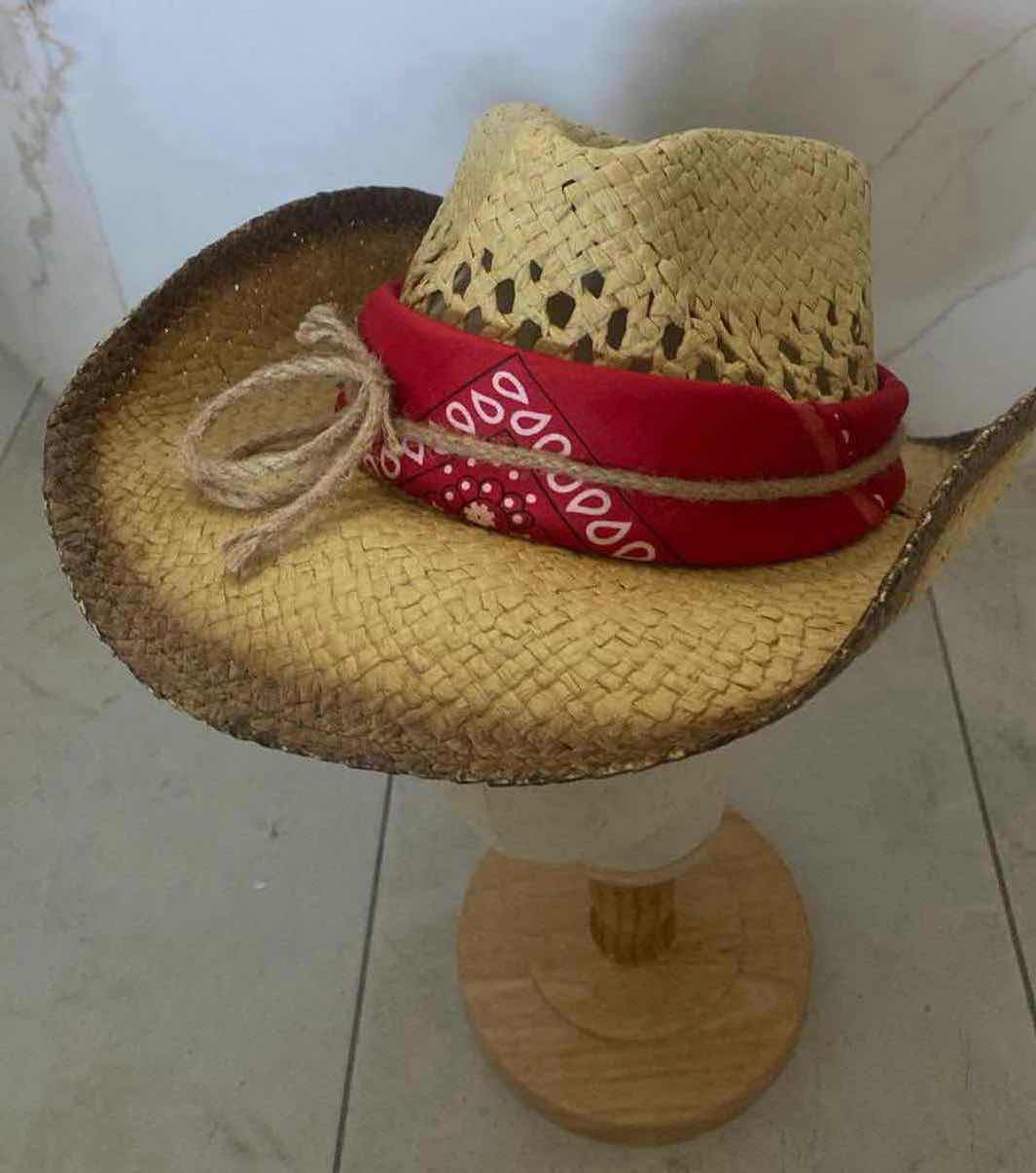 Photo 2 of NEW CUSTOM DESIGNED STRAW WESTERN REMOVABLE BANDANA COWGIRL HAT (ONE SIZE FITS ALL)