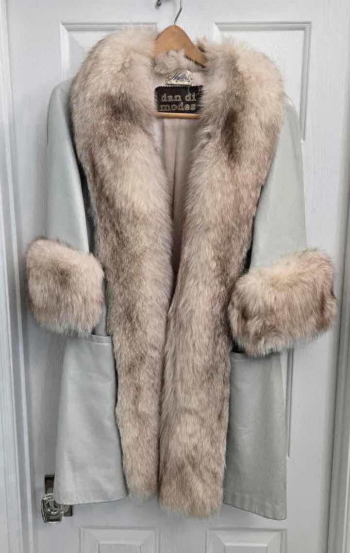 Photo 1 of LIGHT GREY LEATHER & FOX FUR COAT WITH BRACELET SLEEVES ESTIMATED SIZE SMALL/MEDIUM