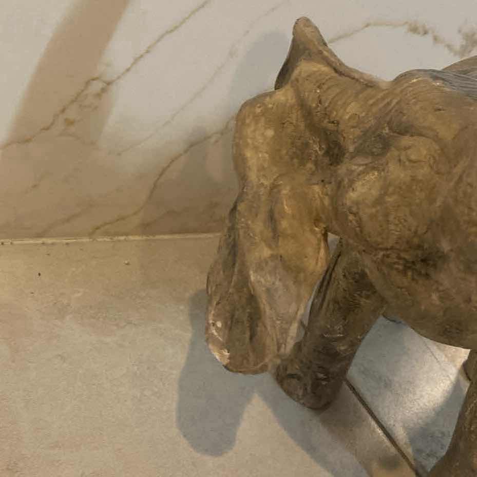 Photo 2 of HEAVY CONCRETE ELEPHANT WITH BRONZE TUSKS FROM TEMPTATIONS DESIGNS 14“ x 7“ H 14 1/2”