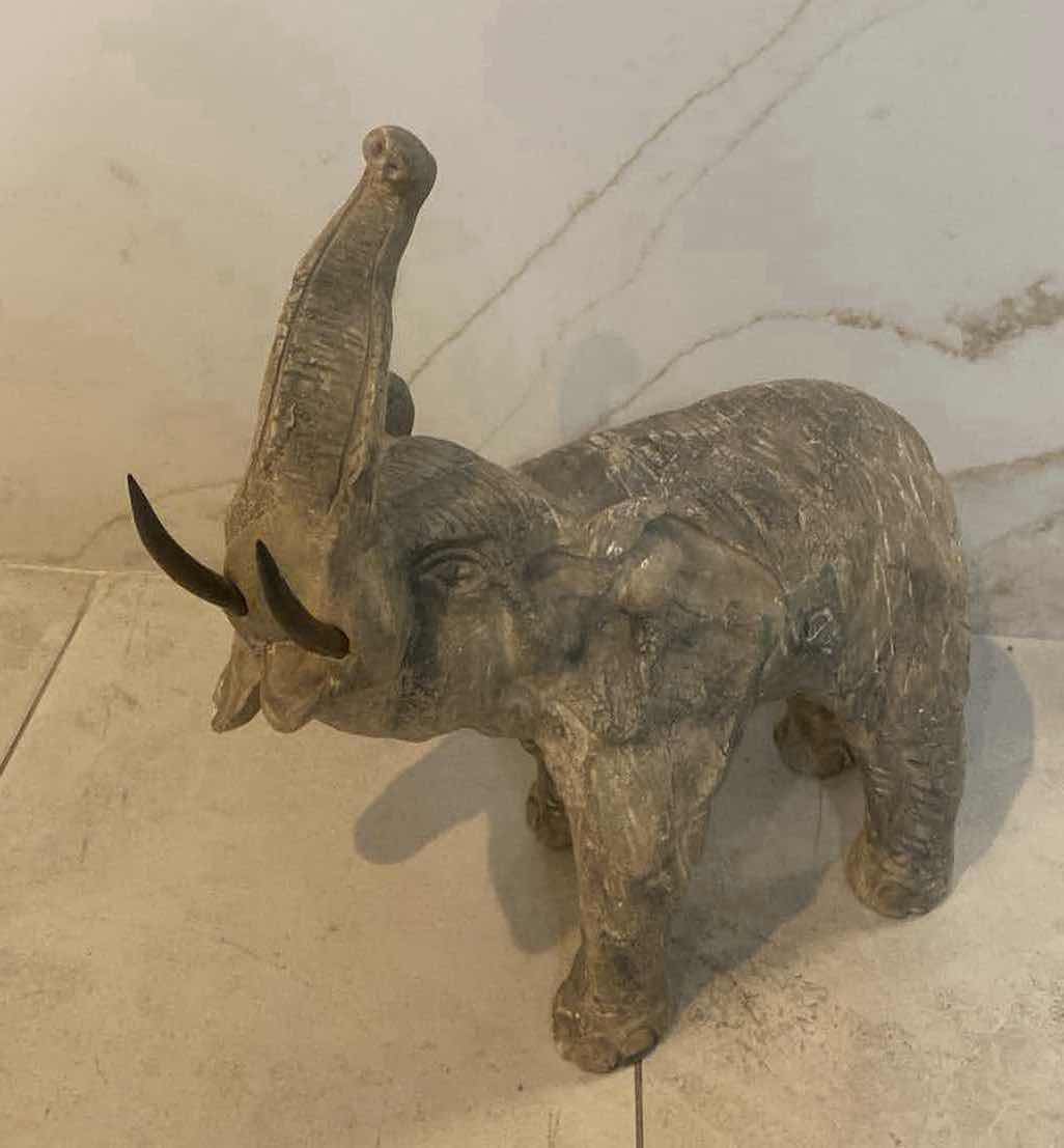 Photo 1 of HEAVY CONCRETE ELEPHANT WITH BRONZE TUSKS FROM TEMPTATIONS DESIGNS 14“ x 7“ H 14 1/2”