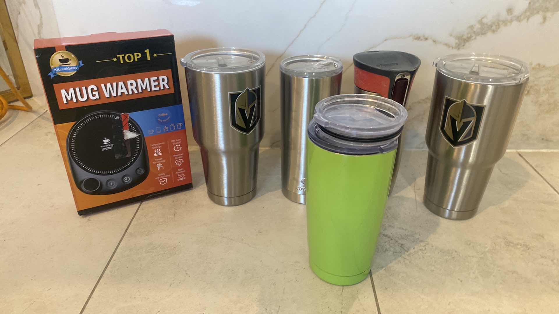 Photo 1 of 7 TUMBLERS WITH LIDS 2-GOLDEN KNIGHTS 1-YETTI & MORE INCLUDES NEW MUG WARMER