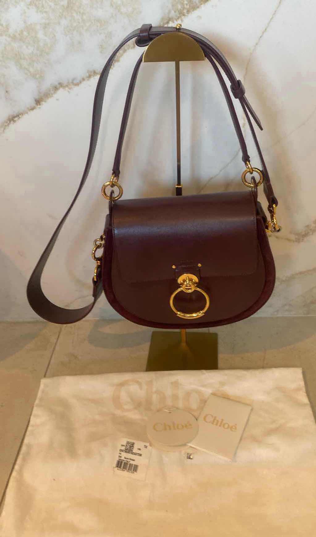 Photo 1 of AUTHENTIC CHLOE TESS LEATHER & SUEDE BURNT BROWN DUAL CARRY WITH GOLD HARDWARE HANDBAG (CURRENT RETAIL $2450) PAPERWORK & DUSTBAG 10 1/4“ x 3 1/2“ H9 1/2”