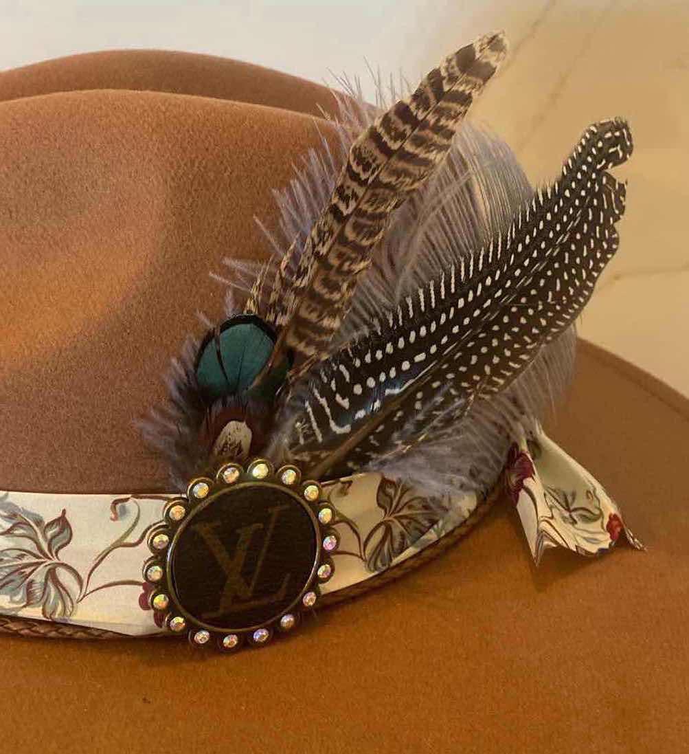 Photo 2 of  NEW CUSTOM DESIGNED FEDORA WITH LOUIS VUITTON MONOGRAM EMBELLISHMENTS HAT - WIDE BRIM CARMEL COLOR (ADJUSTABLE)