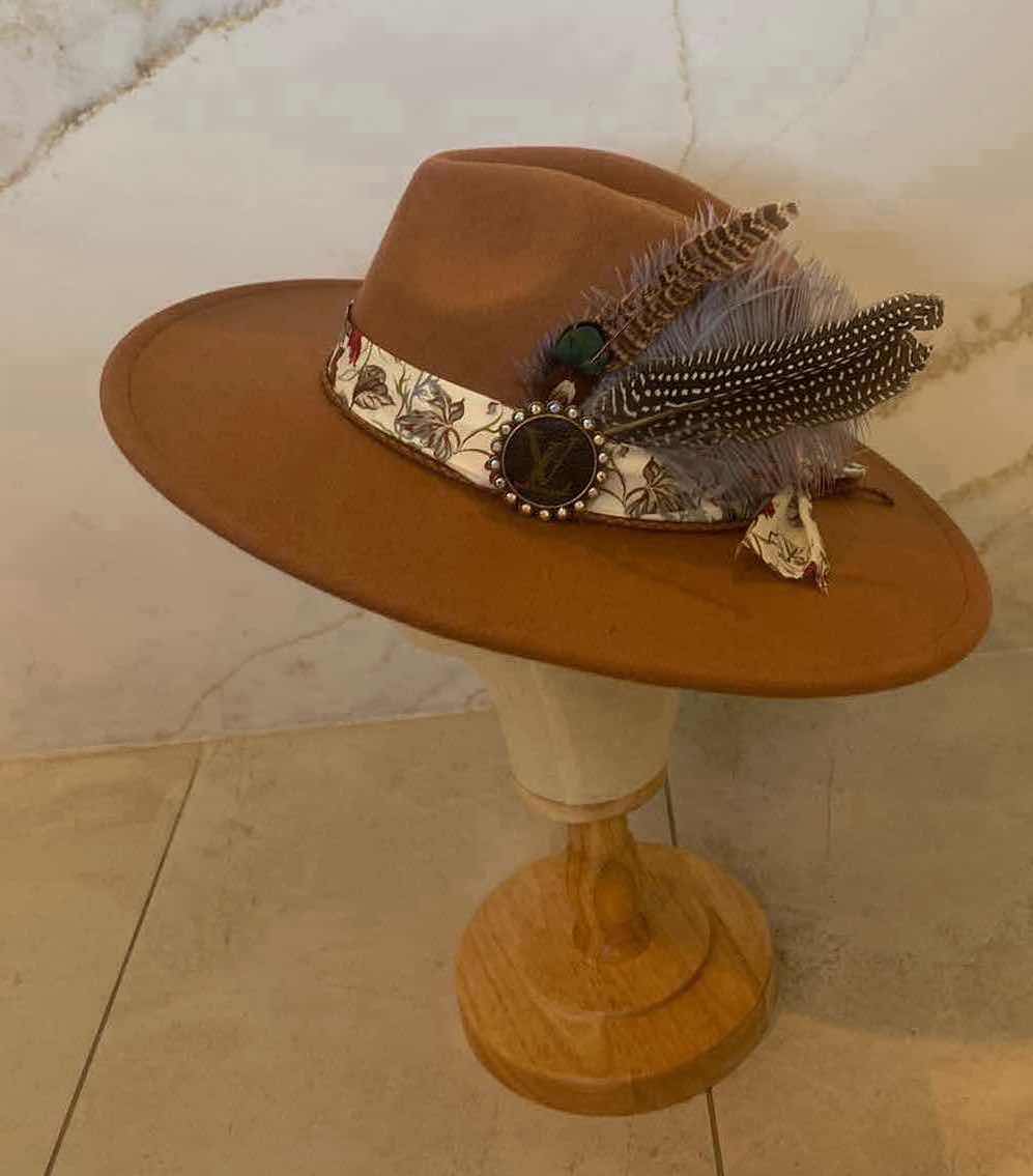 Photo 5 of  NEW CUSTOM DESIGNED FEDORA WITH LOUIS VUITTON MONOGRAM EMBELLISHMENTS HAT - WIDE BRIM CARMEL COLOR (ADJUSTABLE)