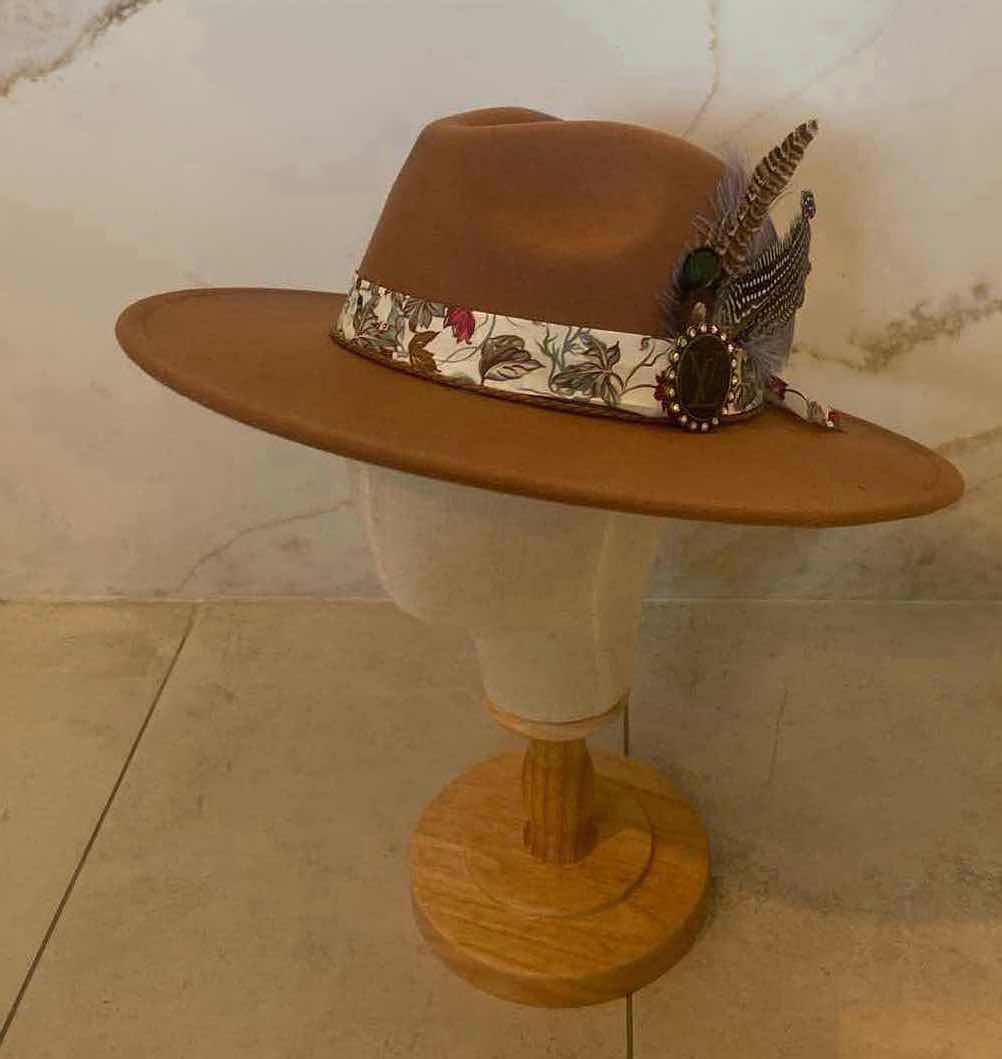 Photo 1 of  NEW CUSTOM DESIGNED FEDORA WITH LOUIS VUITTON MONOGRAM EMBELLISHMENTS HAT - WIDE BRIM CARMEL COLOR (ADJUSTABLE)